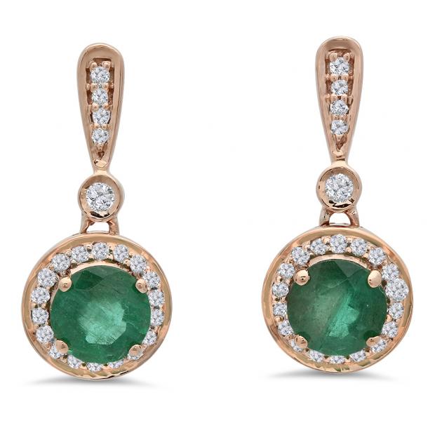 1.10 Carat (ctw) 14K Rose Gold Round Green Emerald & White Diamond Ladies Halo Style Dangling Drop Earrings 1 CT