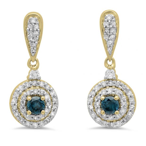 0.50 Carat (ctw) 10K Yellow Gold Round Blue & White Diamond Ladies Halo Style Dangling Drop Earrings 1/2 CT
