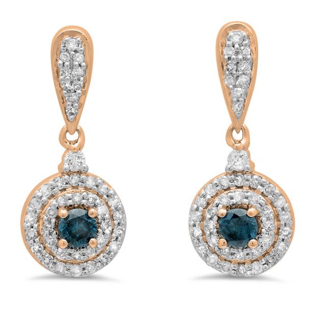 0.50 Carat (ctw) 14K Rose Gold Round Blue & White Diamond Ladies Halo Style Dangling Drop Earrings 1/2 CT