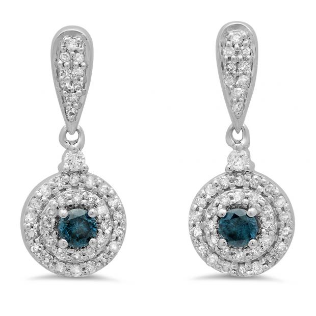 0.50 Carat (ctw) 14K White Gold Round Blue & White Diamond Ladies Halo Style Dangling Drop Earrings 1/2 CT