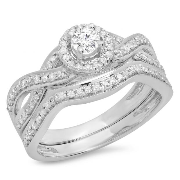 0.60 Carat (ctw) 10K White Gold Round White Diamond Ladies Bridal Swirl Halo Style Split Shank Engagement Ring Set