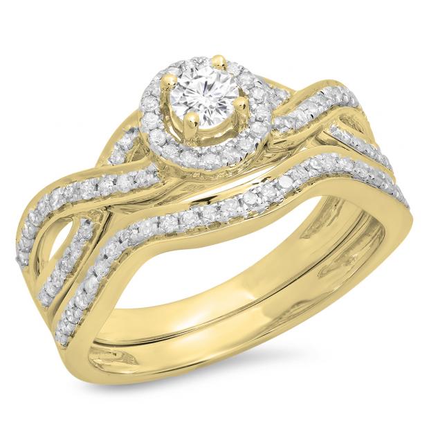 0.60 Carat (ctw) 10K Yellow Gold Round White Diamond Ladies Bridal Swirl Halo Style Split Shank Engagement Ring Set