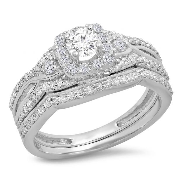 0.95 Carat (ctw) 14K White Gold Round White Diamond Ladies Bridal Halo Style Split Shank Engagement Ring Set 1 CT