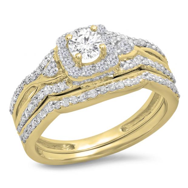 0.95 Carat (ctw) 14K Yellow Gold Round White Diamond Ladies Bridal Halo Style Split Shank Engagement Ring Set 1 CT