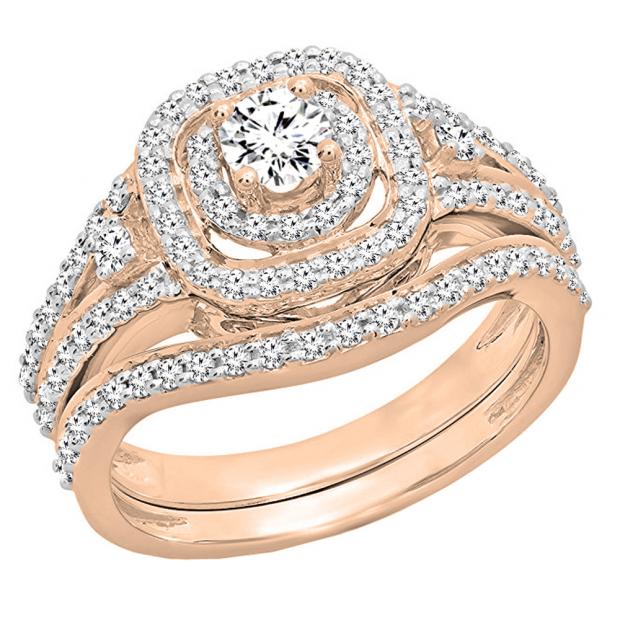 0.90 Carat (ctw) 10K Rose Gold Round White Diamond Ladies Bridal Halo Style Split Shank Engagement Ring Set