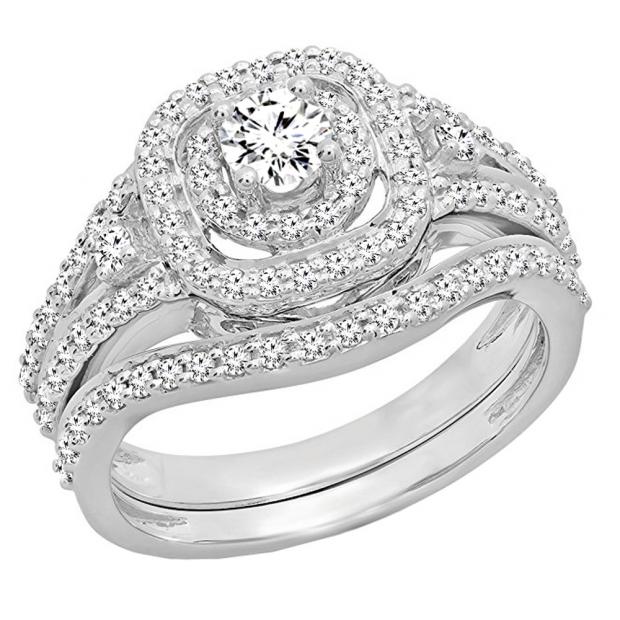 0.90 Carat (ctw) 14K White Gold Round White Diamond Ladies Bridal Halo Style Split Shank Engagement Ring Set