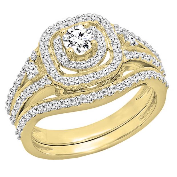 0.90 Carat (ctw) 14K Yellow Gold Round White Diamond Ladies Bridal Halo Style Split Shank Engagement Ring Set