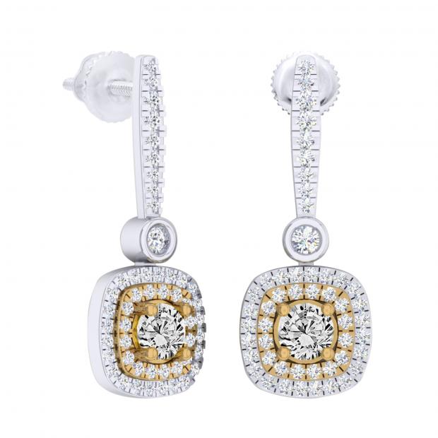 0.90 Carat (ctw) 10K White & Yellow Gold Two Tone Round Yellow & White Diamond Ladies Halo Style Dangling Drop Earrings