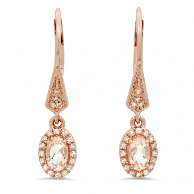 0.60 Carat (ctw) 14K Rose Gold Oval Morganite & Round White Diamond Ladies Halo Style Dangling Drop Earrings
