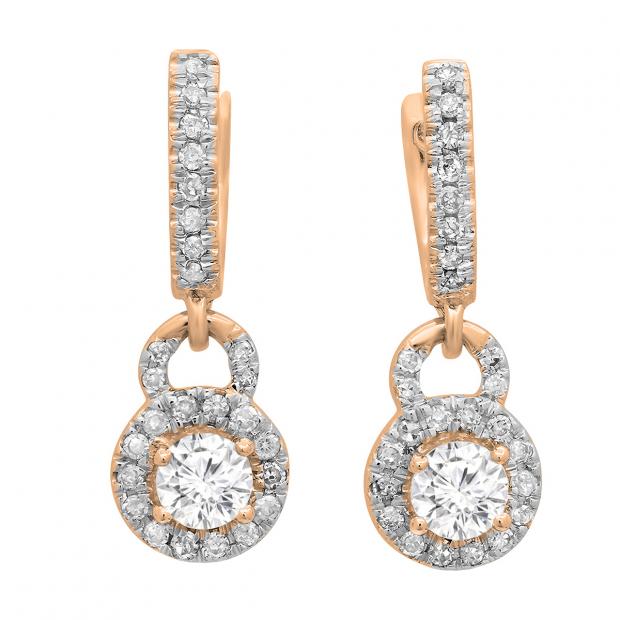 0.45 Carat (ctw) 14K Rose Gold Round White Diamond Ladies Halo Style Dangling Drop Earrings 1/2 CT