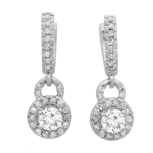 0.45 Carat (ctw) 18K White Gold Round White Diamond Ladies Halo Style Dangling Drop Earrings 1/2 CT