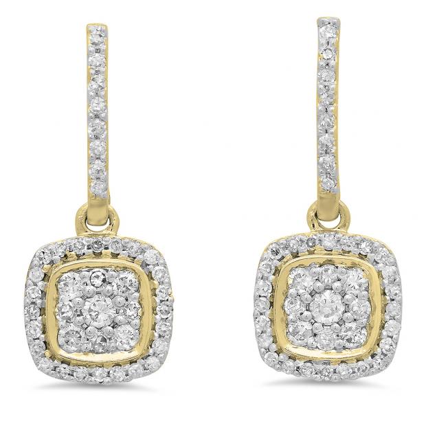 0.40 Carat (ctw) 10K Yellow Gold Round White Diamond Ladies Cluster Style Dangling Earrings