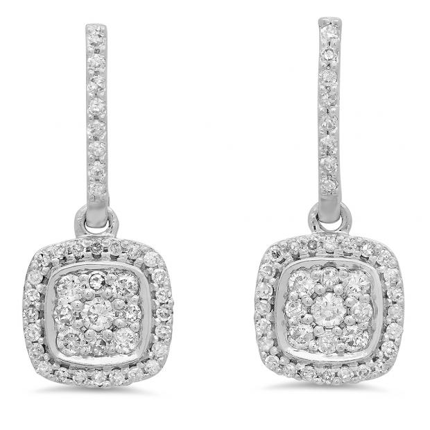 0.40 Carat (ctw) 18K White Gold Round White Diamond Ladies Cluster Style Dangling Earrings