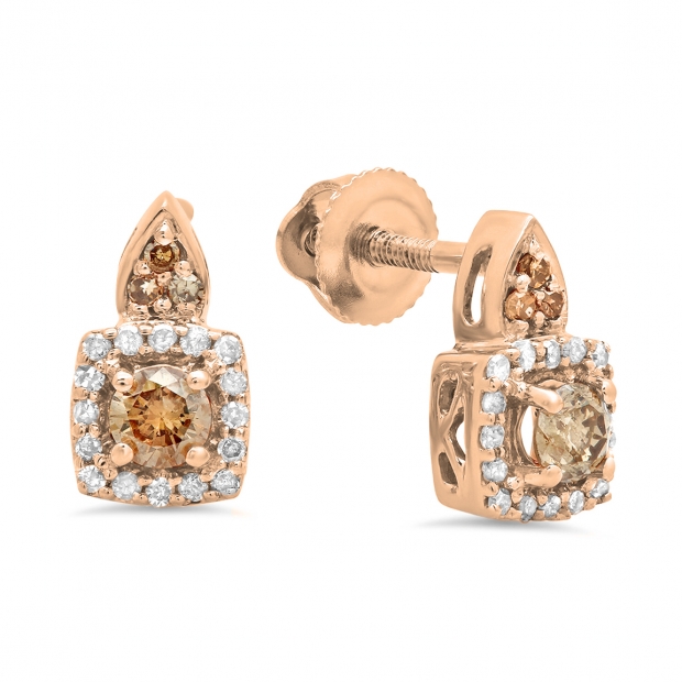 0.30 Carat (ctw) 10K Rose Gold Round Champagne & White Diamond Ladies Halo Style Dangling Earrings 1/3 CT