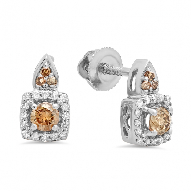0.30 Carat (ctw) 10K White Gold Round Champagne & White Diamond Ladies Halo Style Dangling Earrings 1/3 CT