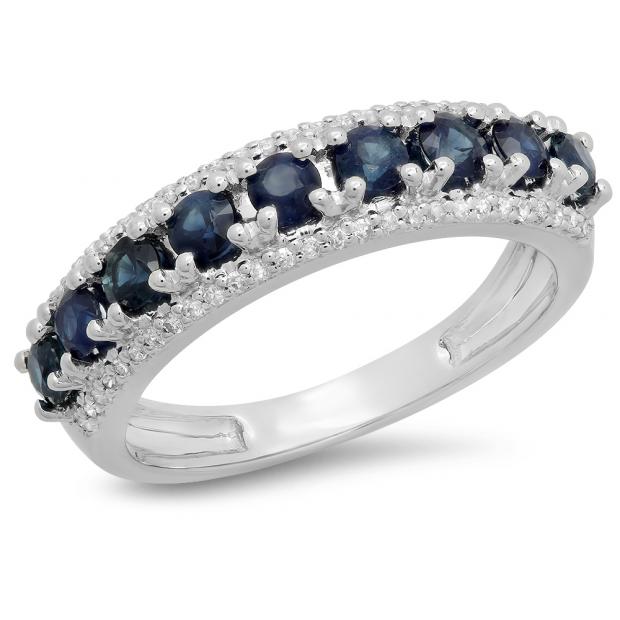 1.15 Carat (ctw) 10K White Gold Round Blue Sapphire & White Diamond Ladies Anniversary Wedding Band Stackable Ring