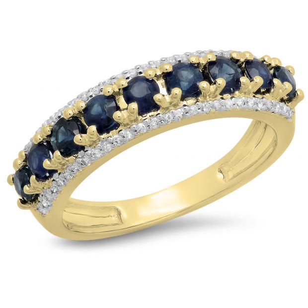 1.15 Carat (ctw) 10K Yellow Gold Round Blue Sapphire & White Diamond Ladies Anniversary Wedding Band Stackable Ring