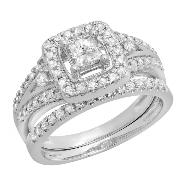 0.95 Carat (ctw) 10K White Gold Princess & Round White Diamond Ladies Bridal Halo Style Split Shank Engagement Ring Set 1 CT