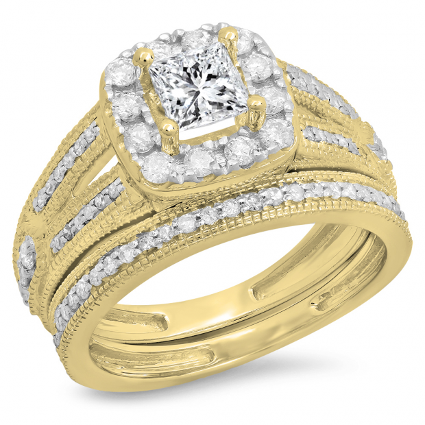 1.30 Carat (ctw) 10K Yellow Gold Princess & Round Cut White Diamond Ladies Bridal Halo Style Split Shank Engagement Ring With Matching Band Set