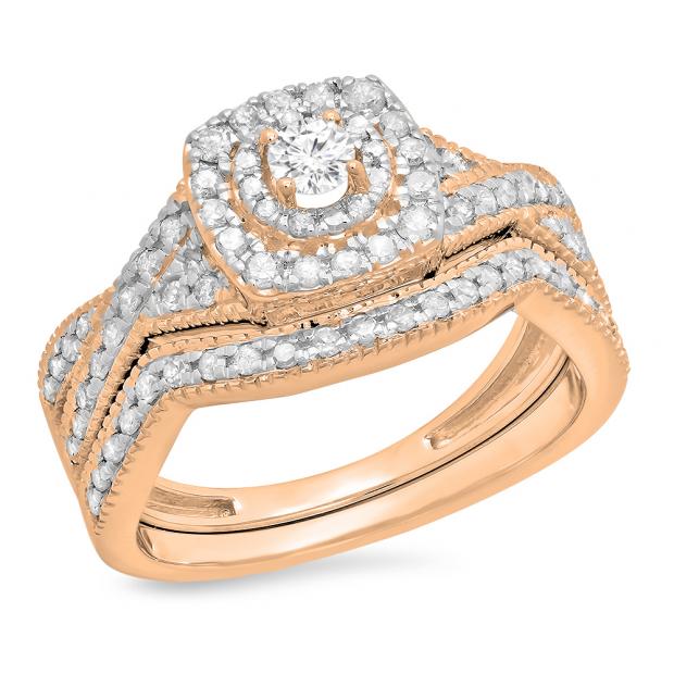 0.60 Carat (ctw) 10K Rose Gold Round Cut White Diamond Ladies Bridal Swirl Halo Style Split Shank Engagement Ring With Matching Band Set