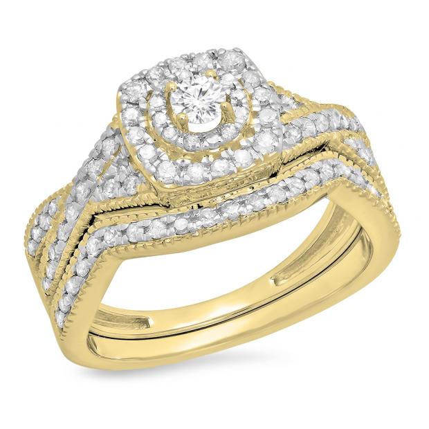0.60 Carat (ctw) 10K Yellow Gold Round Cut White Diamond Ladies Bridal Swirl Halo Style Split Shank Engagement Ring With Matching Band Set