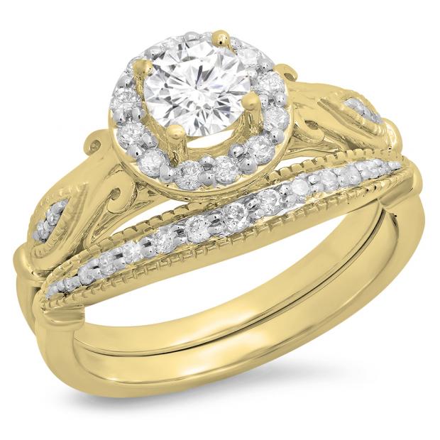 0.90 Carat (ctw) 18K Yellow Gold Round Cut White Diamond Ladies Bridal Halo Vintage Style Engagement Ring With Matching Band Set