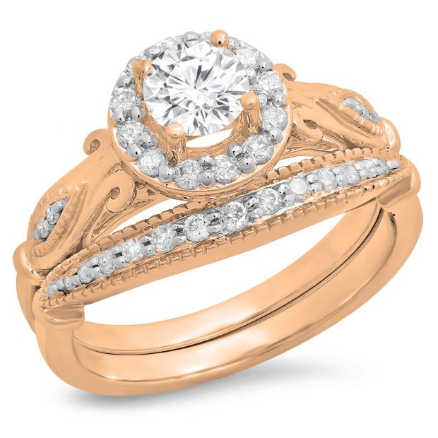 1.35 Carat (ctw) 10K Rose Gold Round Cut White Cubic Zirconia Ladies Bridal Halo Vintage Style Engagement Ring With Matching Band Set