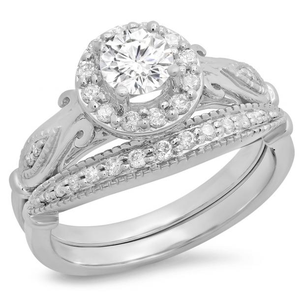 1.35 Carat (ctw) 14K White Gold Round Cut White Cubic Zirconia Ladies Bridal Halo Vintage Style Engagement Ring With Matching Band Set