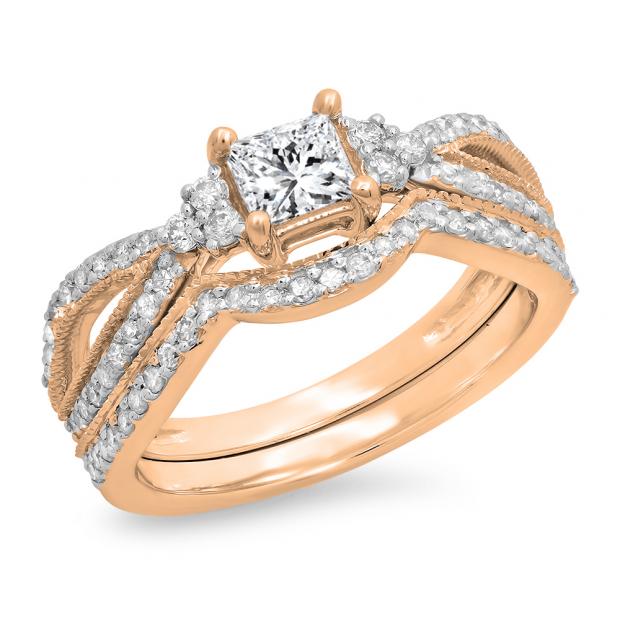 1.00 Carat (ctw) 10K Rose Gold Princess & Round Cut White Diamond Ladies Bridal Split Shank Engagement Ring With Matching Band Set 1 CT