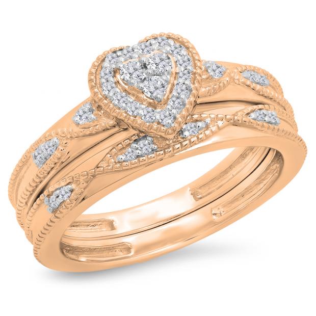 0.25 Carat (ctw) 10K Rose Gold Round Cut White Diamond Ladies Bridal Heart Shaped Engagement Ring With Matching Band Set 1/4 CT