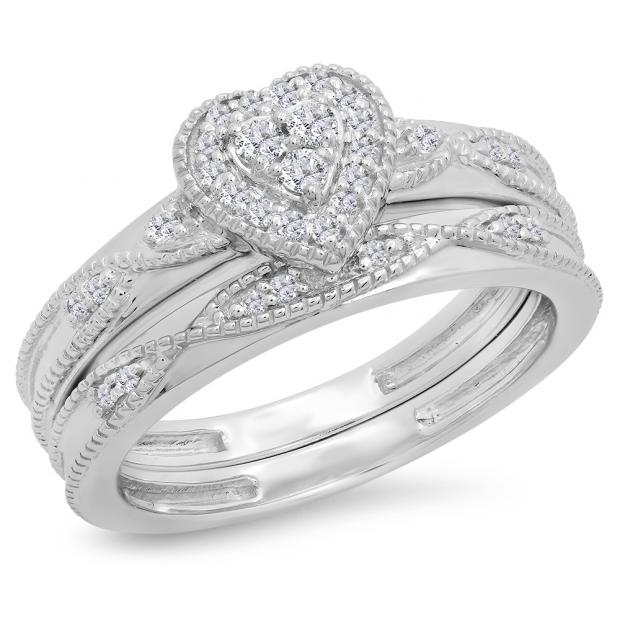0.25 Carat (ctw) 10K White Gold Round Cut White Diamond Ladies Bridal Heart Shaped Engagement Ring With Matching Band Set 1/4 CT