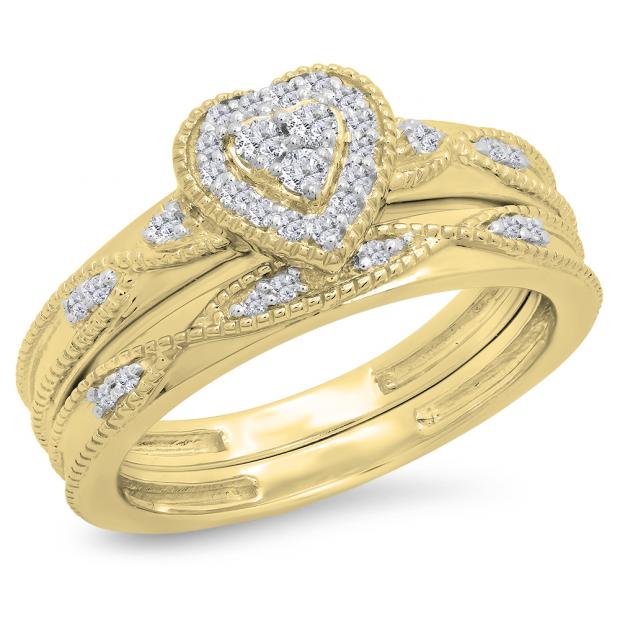 0.25 Carat (ctw) 10K Yellow Gold Round Cut White Diamond Ladies Bridal Heart Shaped Engagement Ring With Matching Band Set 1/4 CT