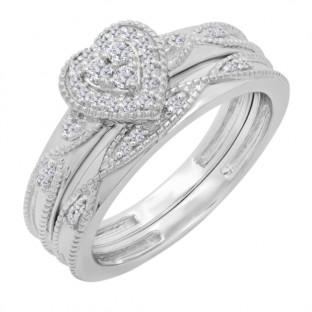 0.25 Carat (ctw) 14K White Gold Round Cut White Diamond Ladies Bridal Heart Shaped Engagement Ring With Matching Band Set 1/4 CT