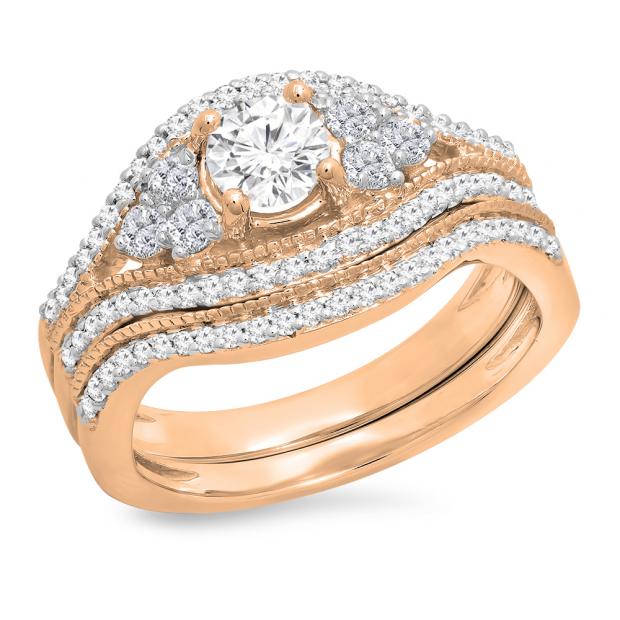 1.10 Carat (ctw) 10K Rose Gold Round Cut White Diamond Ladies Bridal Engagement Ring With Matching Band Set 1 CT