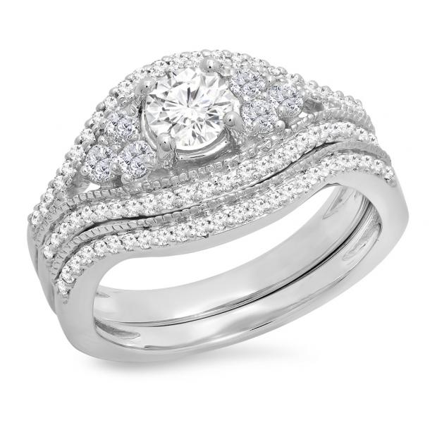 1.10 Carat (ctw) 10K White Gold Round Cut White Diamond Ladies Bridal Engagement Ring With Matching Band Set 1 CT