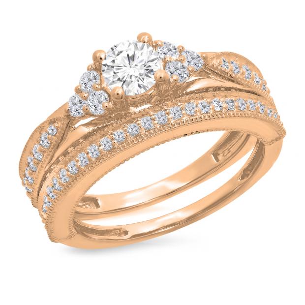 1.45 Carat (ctw) 10K Rose Gold Round Cut White Diamond Ladies Bridal Engagement Ring With Matching Band Set 1 1/2 CT