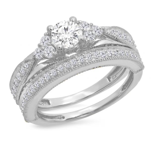 1.45 Carat (ctw) 10K White Gold Round Cut White Diamond Ladies Bridal Engagement Ring With Matching Band Set 1 1/2 CT