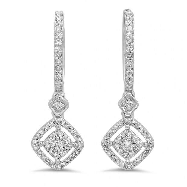 0.45 Carat (ctw) 14K White Gold Round White Diamond Ladies Cluster Dangling Drop Earrings 1/2 CT