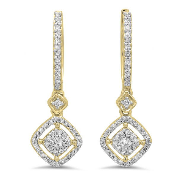 0.45 Carat (ctw) 18K Yellow Gold Round White Diamond Ladies Cluster Dangling Drop Earrings 1/2 CT