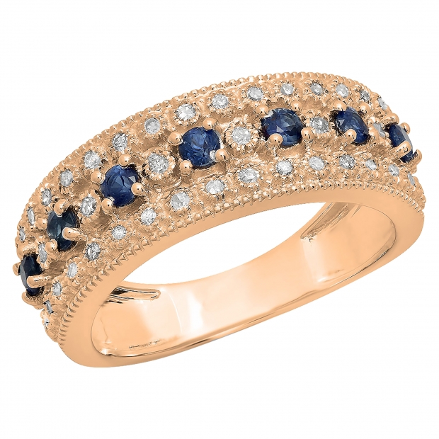 0.65 Carat (Ctw) 10K Rose Gold Round Blue Sapphire & White Diamond Ladies Bridal Anniversary Wedding Band Ring