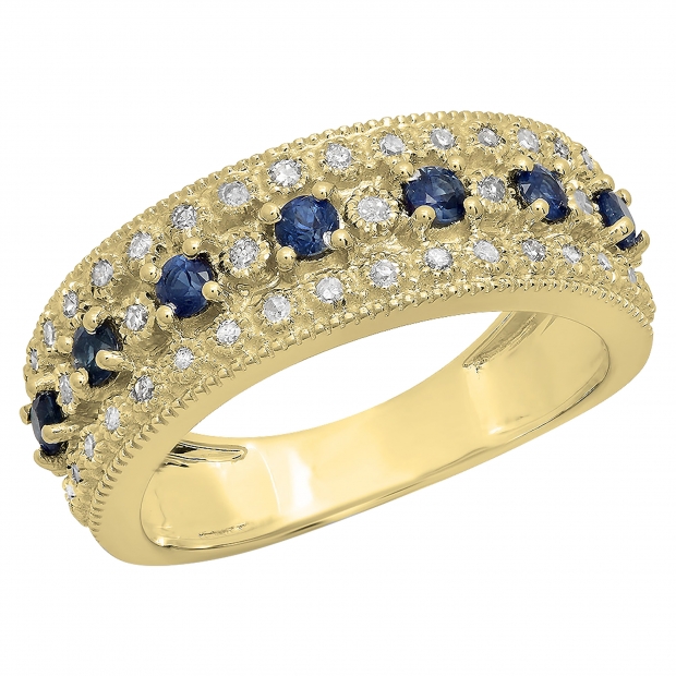 0.65 Carat (Ctw) 10K Yellow Gold Round Blue Sapphire & White Diamond Ladies Bridal Anniversary Wedding Band Ring