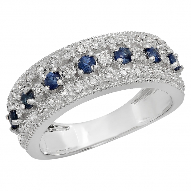 0.65 Carat (Ctw) 14K White Gold Round Blue Sapphire & White Diamond Ladies Bridal Anniversary Wedding Band Ring