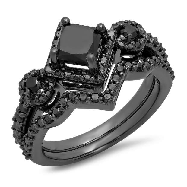 1.60 Carat (ctw) Black Rhodium Plated Sterling Silver Princess & Round Black Diamond Ladies Bridal Halo Style Engagement Ring With Matching Band Set