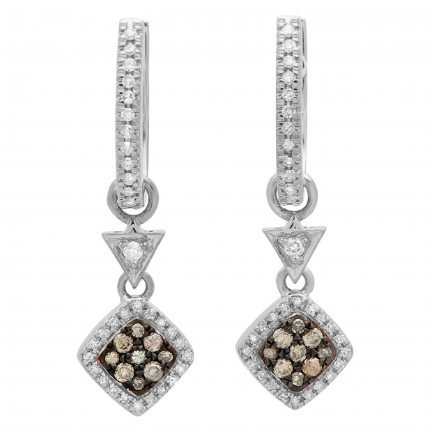 0.50 Carat (ctw) 14K White Gold Round Champagne & White Diamond Ladies Cluster Style Dangling Drop Earrings 1/2 CT