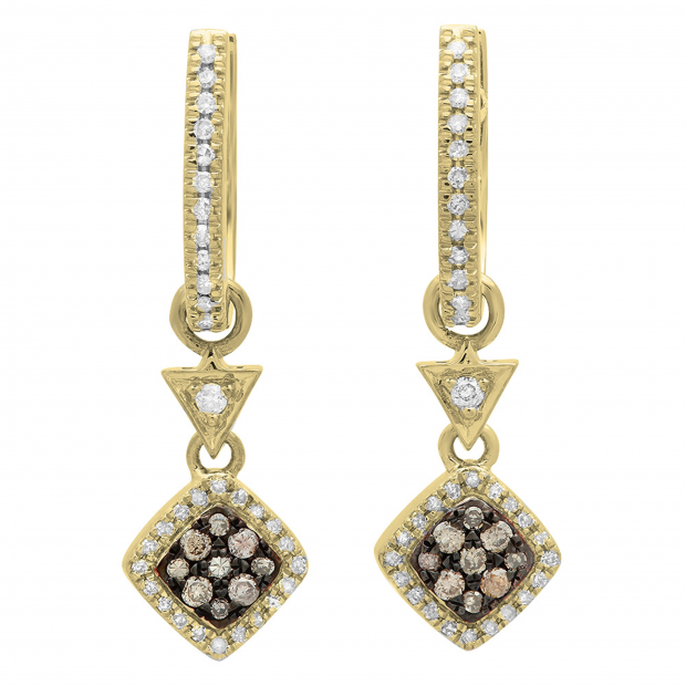 0.50 Carat (ctw) 14K Yellow Gold Round Champagne & White Diamond Ladies Cluster Style Dangling Drop Earrings 1/2 CT