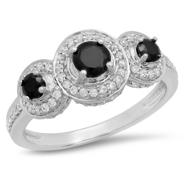 1.35 Carat (ctw) 10K White Gold Round Black Sapphire & White Cubic Zirconia CZ Classic 3 Stone Bridal Engagement Ring