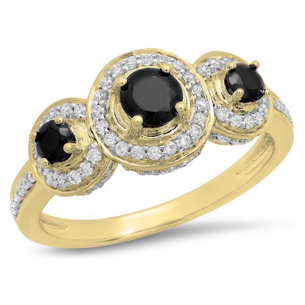 1.35 Carat (ctw) 14K Yellow Gold Round Black Sapphire & White Cubic Zirconia CZ Classic 3 Stone Bridal Engagement Ring