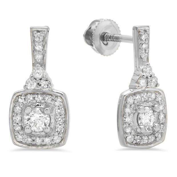 0.50 Carat (ctw) 10K White Gold Round White Diamond Ladies Halo Style Dangling Earrings 1/2 CT