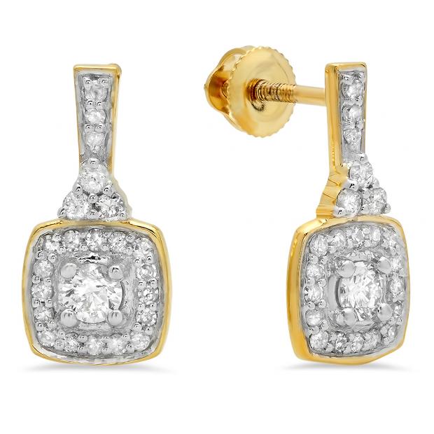 0.50 Carat (ctw) 10K Yellow Gold Round White Diamond Ladies Halo Style Dangling Earrings 1/2 CT