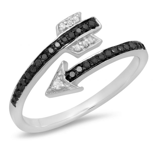 0.15 Carat (ctw) Sterling Silver Round Black & White Diamond Ladies Bridal Vintage Right Hand Arrow Ring
